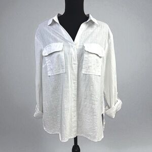 White Linen Blend Button-Up Shirt- Large